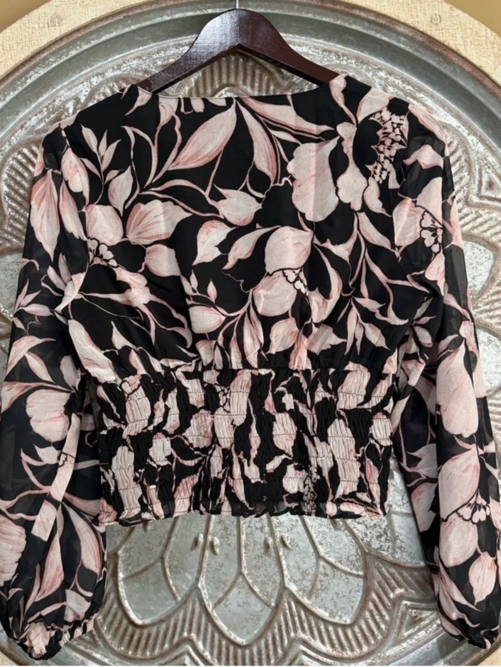 NWT Banana Republic Black Blouse with Pale Pink Floral Design & Sheer Sleeves